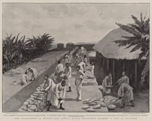 Die Entwicklung von Britisch-Ostafrika, einheimische Freiwillige bauen ein Fort in Machakos